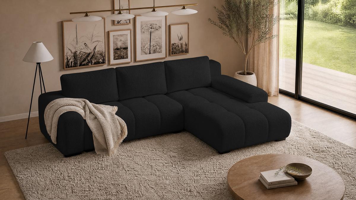 ECKSOFA Ovia mit Bettkasten und Schlaffunktion, Bouclé-Stoff in L-Form - Schwarz, Textil (270/185cm)