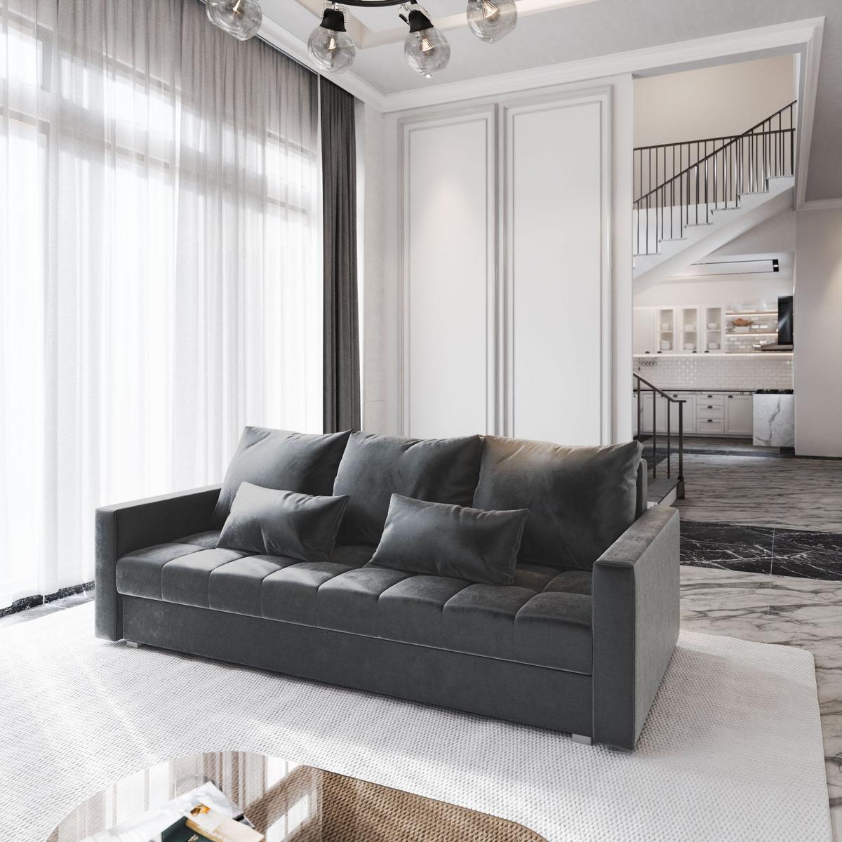 BETTSOFA SIRO Grau Plüsch-Stoff mit Schlaffunktion - Grau, Textil (222/83/86cm) - MASSENO