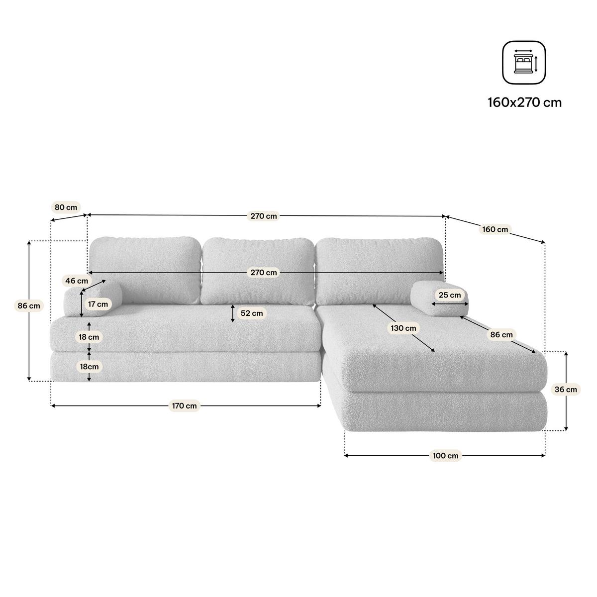 ECKSOFA LEA modulares Boneless Sofa mit Schlaffunktion Beige Boucle-Stoff - Beige, Textil (270/160cm) - MASSENO