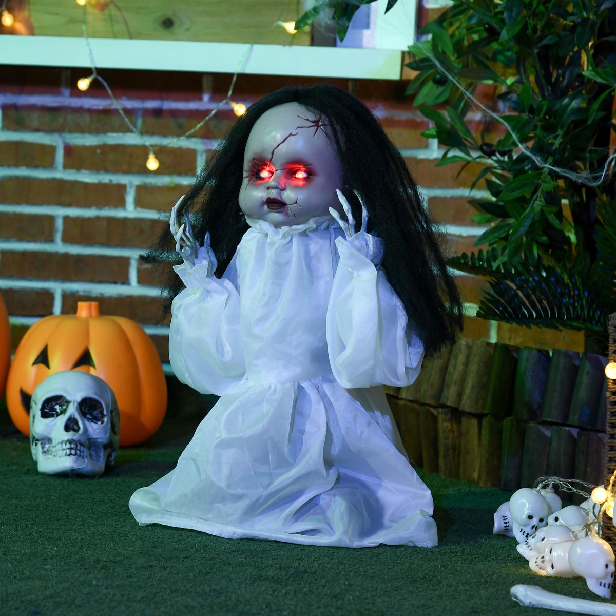 HALLOWEEN Dekoration 60cm Springende Mörderpuppe mit Rote Augen, Soundfunktion - Weiß, Kunststoff (15/60/60cm) - HOMCOM