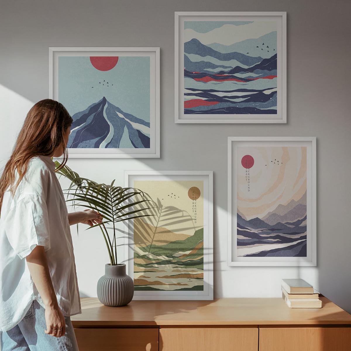 BILDER SET 4er Set - 50x50 cm & 40x60 cm Weißer Rahmen - Pastellfarbene Berge im Japandi-Stil - Weiß, Kunststoff (50/50cm) - TULUP