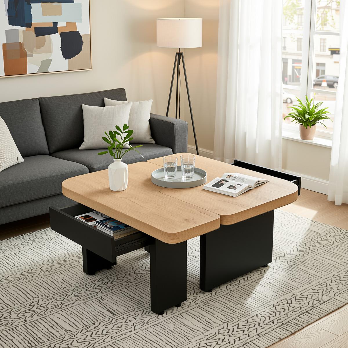 COUCHTISCH holzoptik led 2in1 schubladen - Naturfarben, Holzwerkstoff (60/135/44.5cm) - Urban Meuble