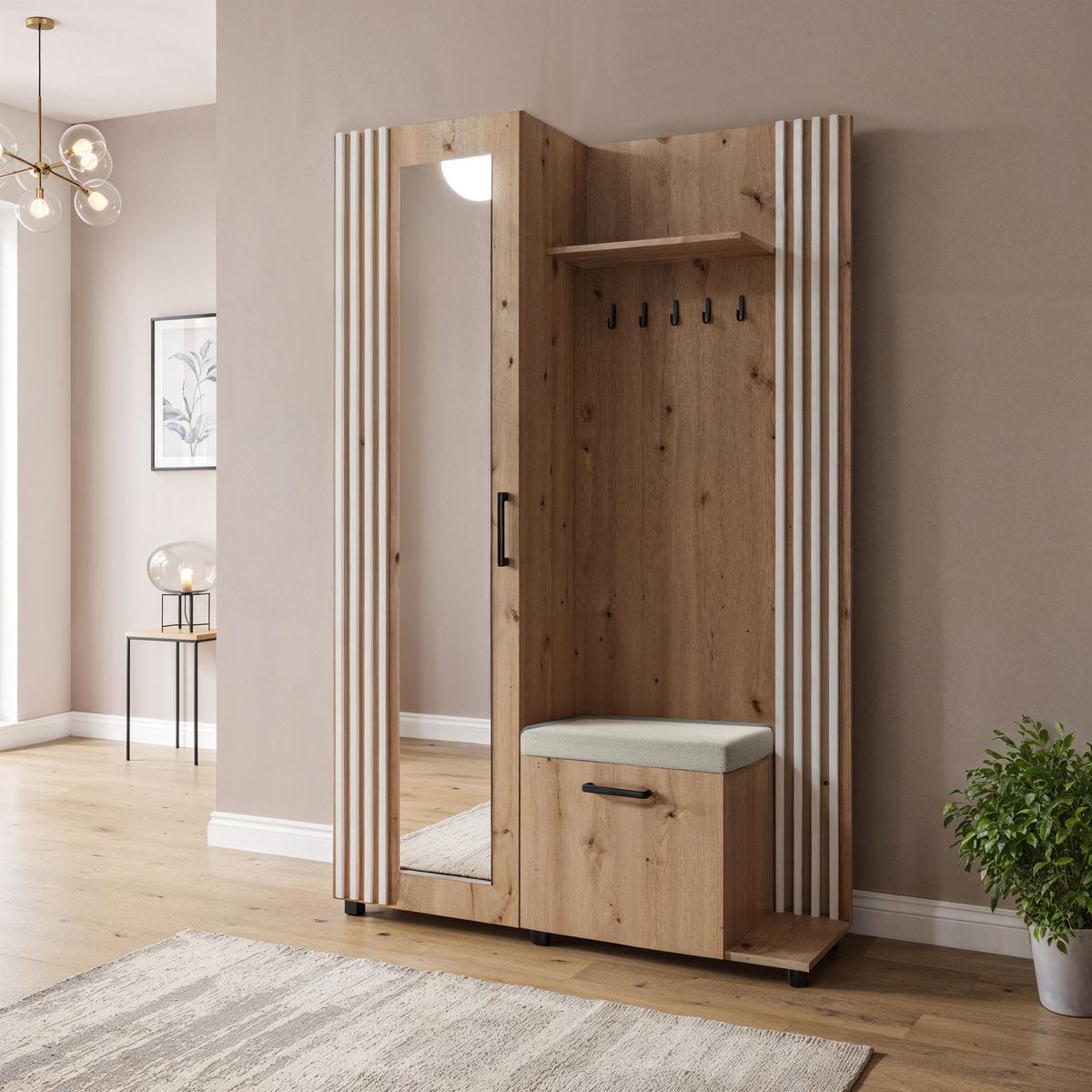 GARDEROBE Linaro mit Spiegel, Sitzbank in Lamellen-Optik 137/207/42 cm, Rechts - Schwarz/Eiche Artisan, Holzwerkstoff (137/207/42cm) - WFL GROUP