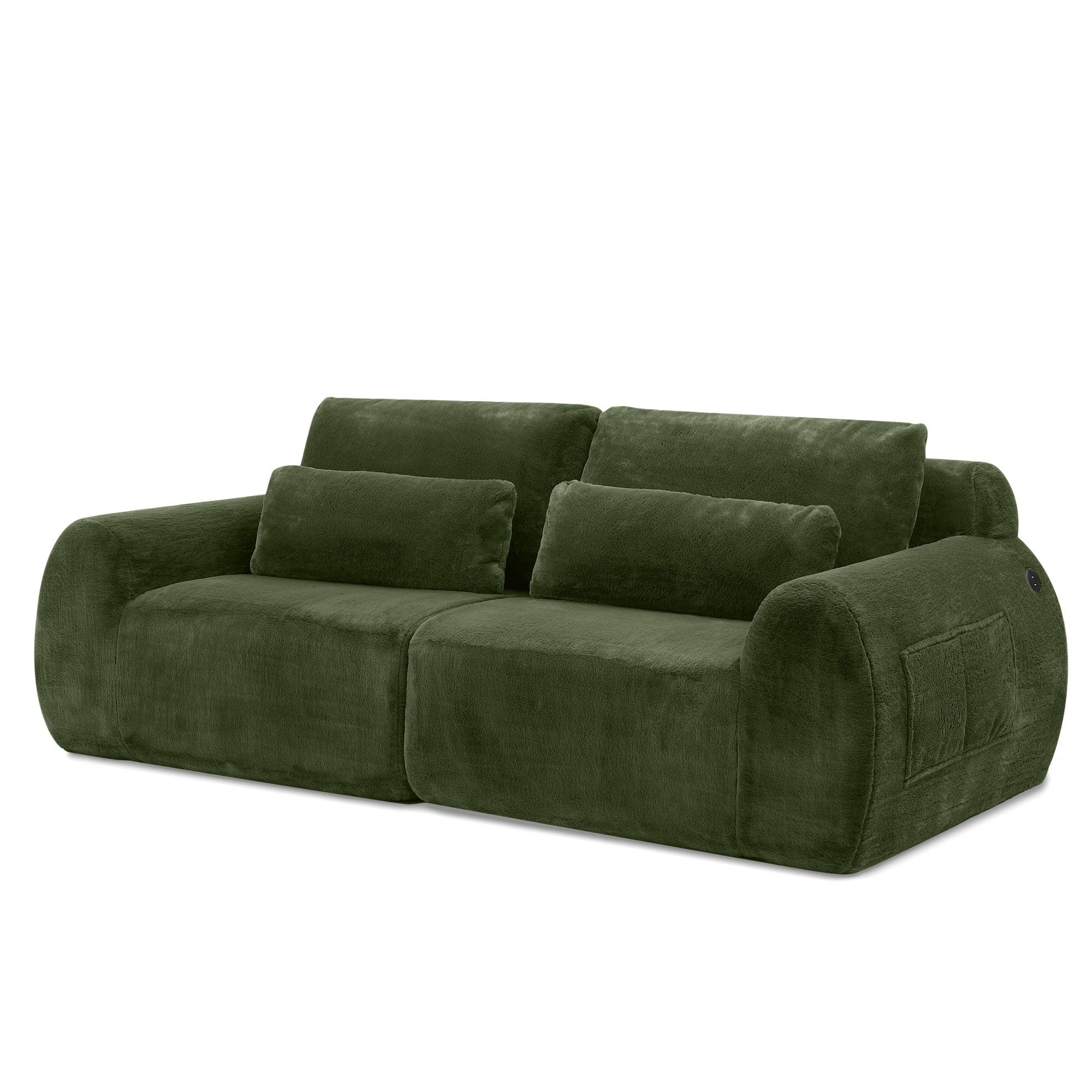 2-SITZER SOFA in Grün aus Kunstfell mit USB-Anschluss & Magazintasche - Grün, Textil (101/81/208cm) - Urban Meuble