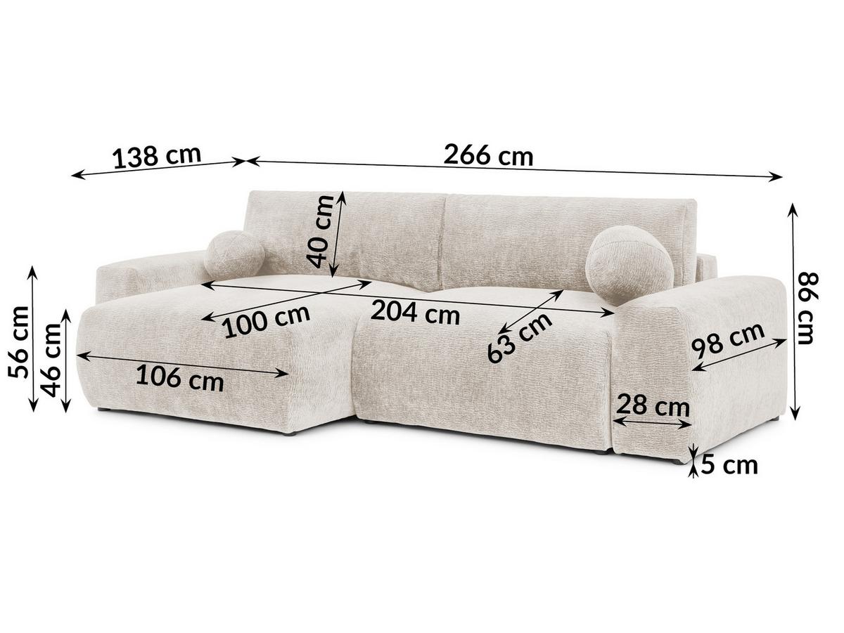 ECKSOFA Puffy mit Schlaffunktion und Bettkasten - besonders weich und puffig aus Beige Stoff mit Chenillestruktur - Ottomane links - Beige/Schwarz, Holz/Kunststoff (138/266cm) - S-Style Möbel