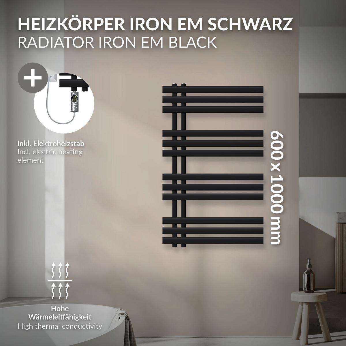 BADHEIZKÖRPER elektrisch Iron EM 600x1000 mm Schwarz mit Heizstab 300W Digital - Schwarz, Metall (60/100/4cm) - LuxeBath