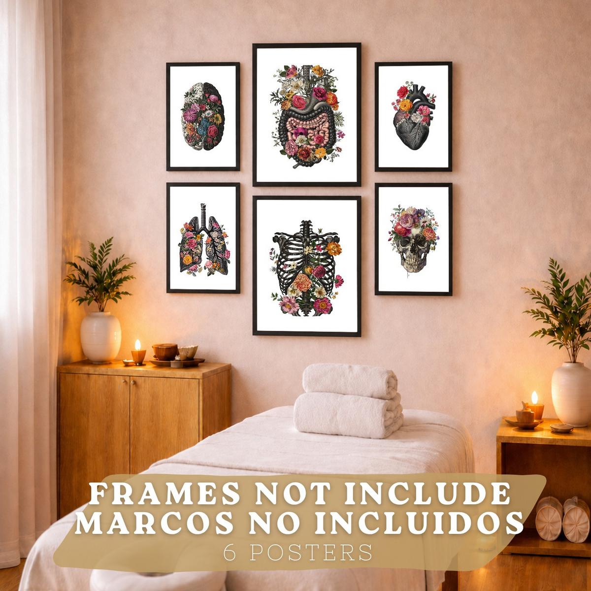 POSTER Set aus 6 Botanische Anatomie Drucke mit Herz Lungen Wirbelsäule Becken und Rippen Beige Terrakotta Erdtöne Florales Design Rahmenlos A3 & A4 - Klar, Papier (21/29.7/3cm) - Nacnic