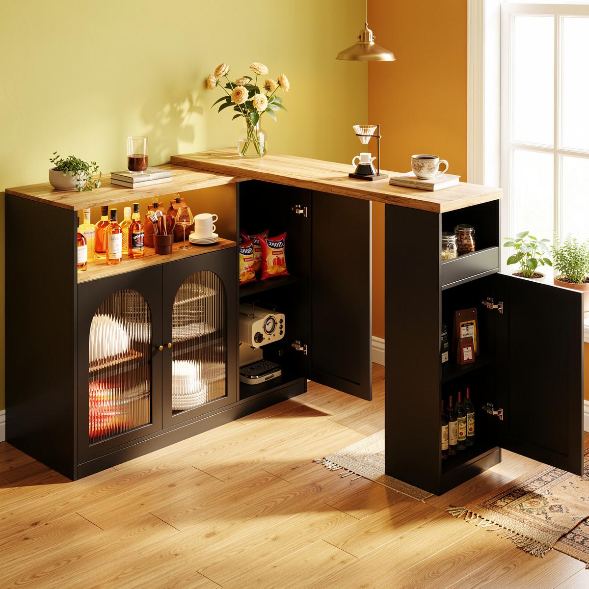 BARTISCH 360° Drehbar Schwarz & Holzoptik Barset mit LED, Glasschrank & Stauraum - Schwarz, Holzwerkstoff (39.6/197/100cm) - Urban Meuble
