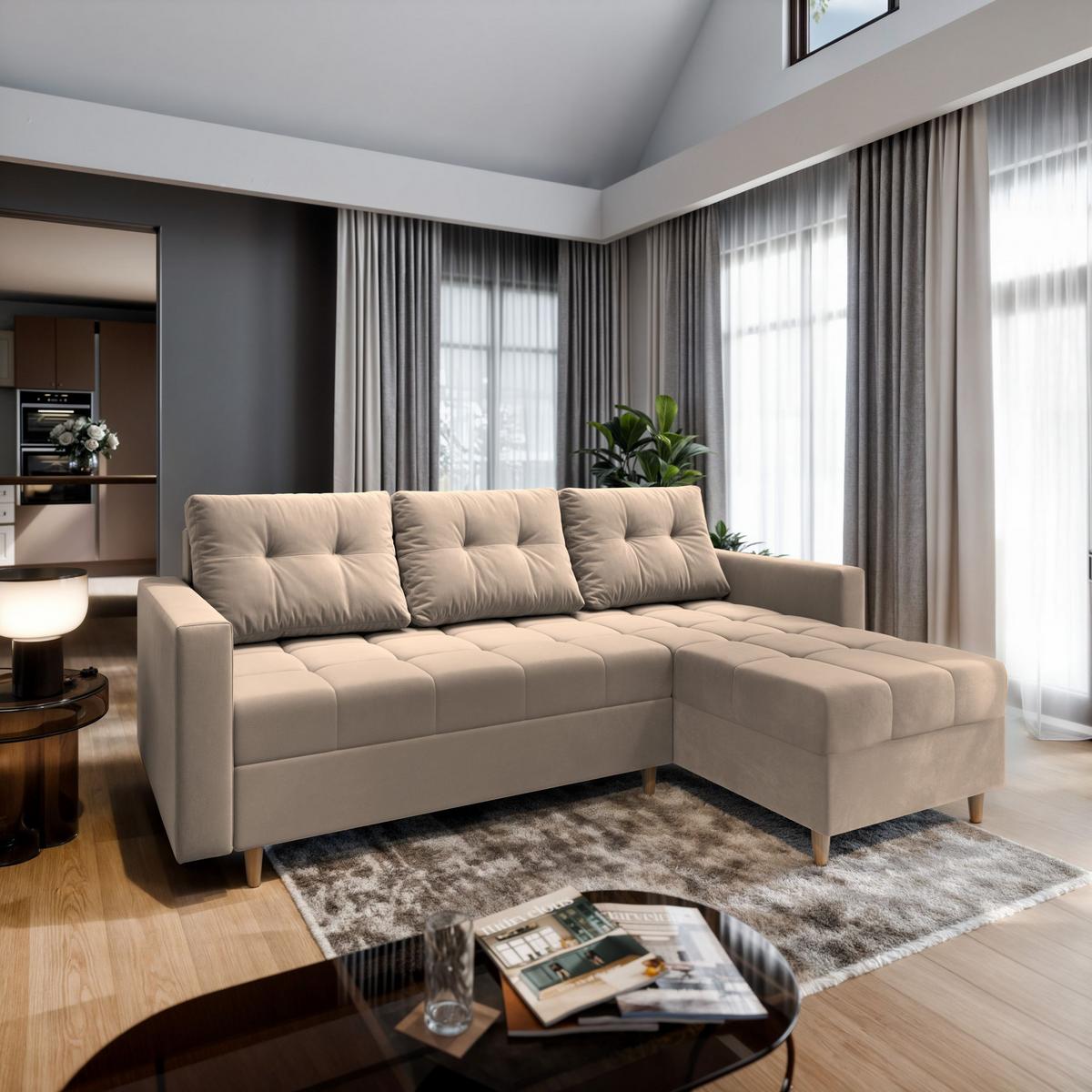 ECKSOFA MILO L Beige Plüsch-Stoff mit Schlaffunktion - Beige/Braun, Holz/Textil (220/140cm) - MASSENO