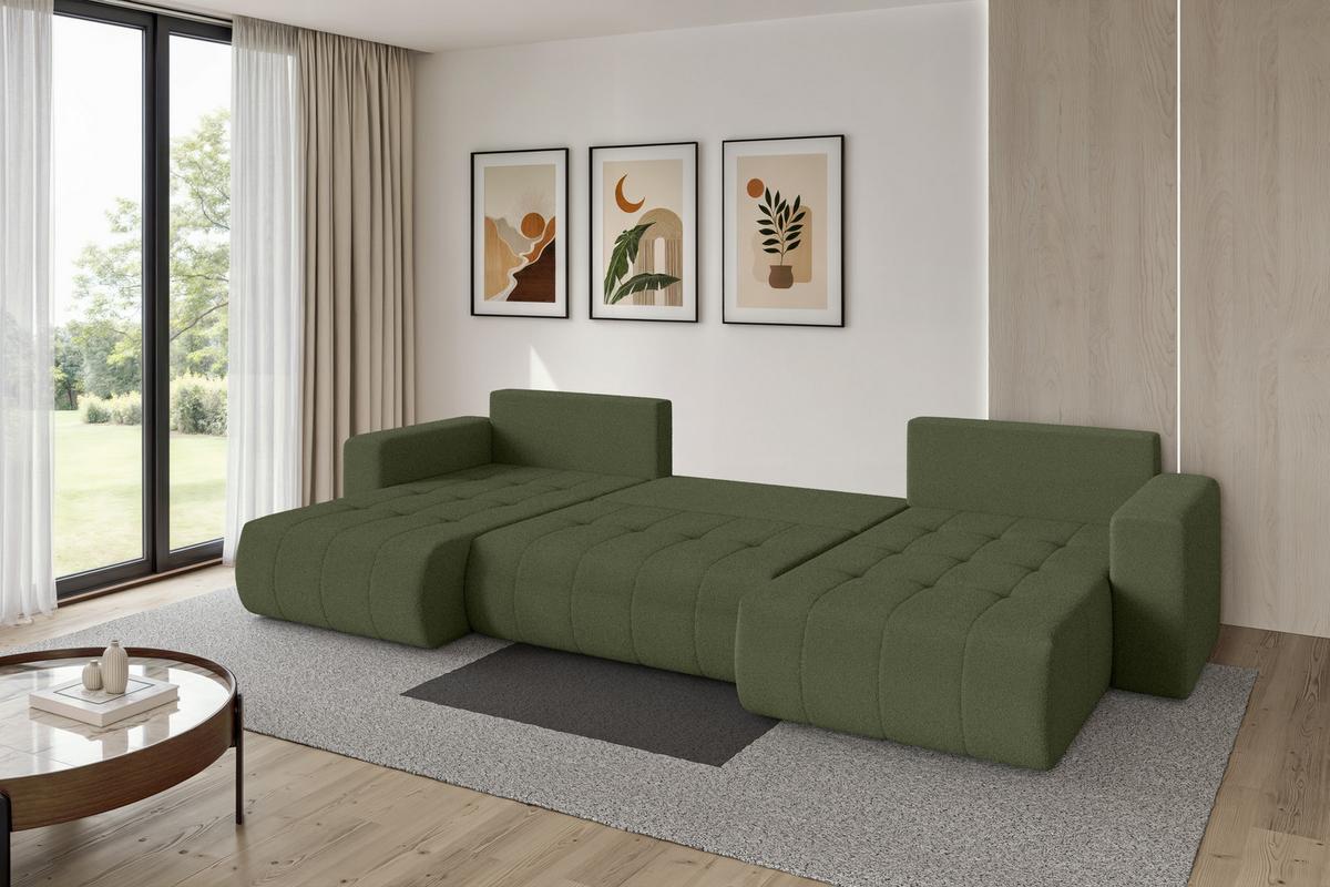 WOHNLANDSCHAFT mit Schlaffunktion und Bettkasten MILA-U 378x194x86 Grün Bouclé - Schwarz/Olivgrün, Holzwerkstoff/Kunststoff (378/86/194cm) - ALTDECOR