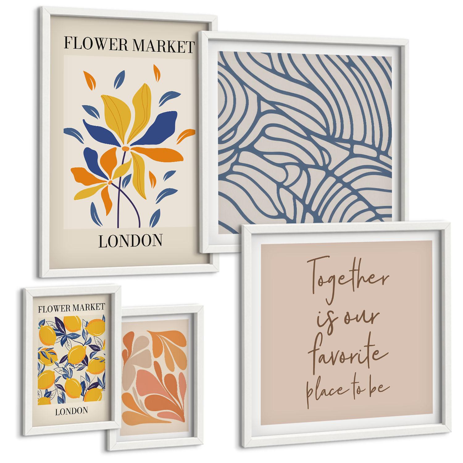 BILDER SET 5er Set - 50x50 cm & 20x30 cm & 40x60 cm Weißer Rahmen - Moderne abstrakte Blumen - Weiß, Kunststoff (40/60cm) - TULUP