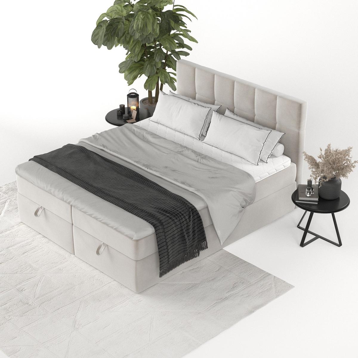 BOXBETT Savio 160/200 cm Hellbeige im Paros Stoff - Beige/Schwarz, Holz/Holzwerkstoff (160/200cm) - AltaBeds