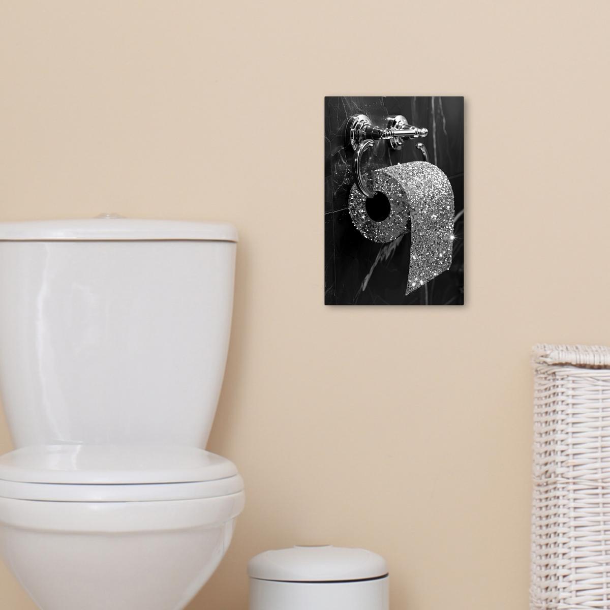 LEINWANDBILD WC - Toilettenpapier - Schwarz und weiß - Glitter Deko Wohnzimmer 20x30 cm - Silberfarben, Textil (20/30cm) - MuchoWow