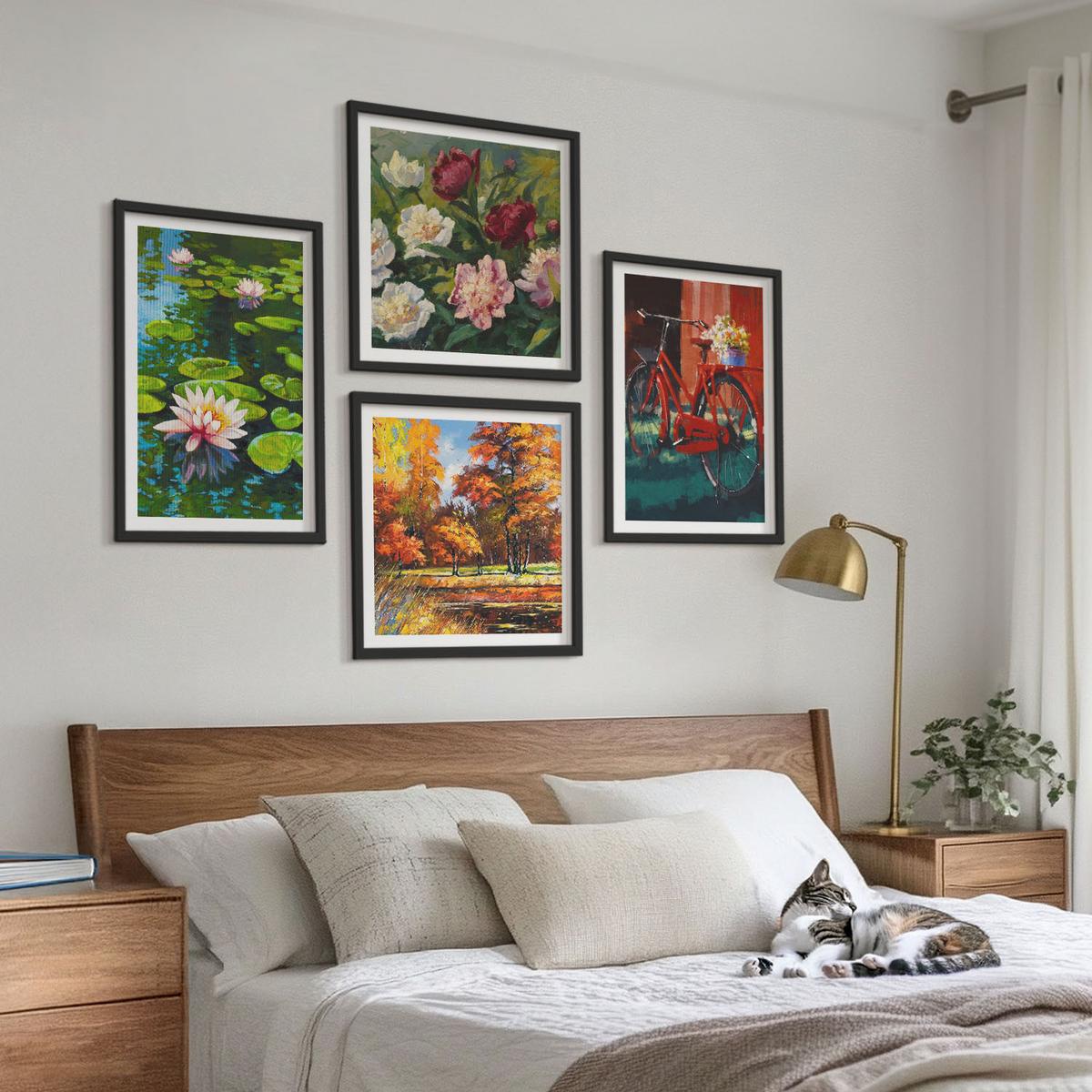 BILDER SET 4er Set - 50x50 cm & 40x60 cm Schwarzer Rahmen - Seerosen, Fahrradblumen - Schwarz, Kunststoff (50/50cm) - TULUP