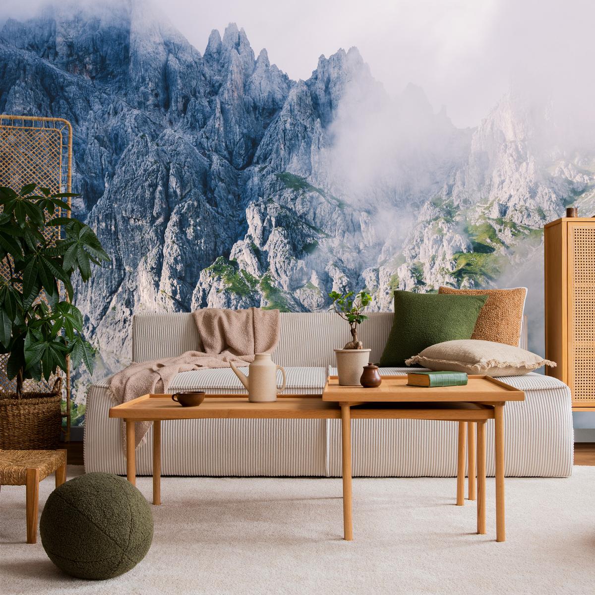 FOTOTAPETE für Wohnzimmer Felsige Berge Nebel Moos 400x280 - Blau/Weiß, Papier (400/280cm) - Muralo