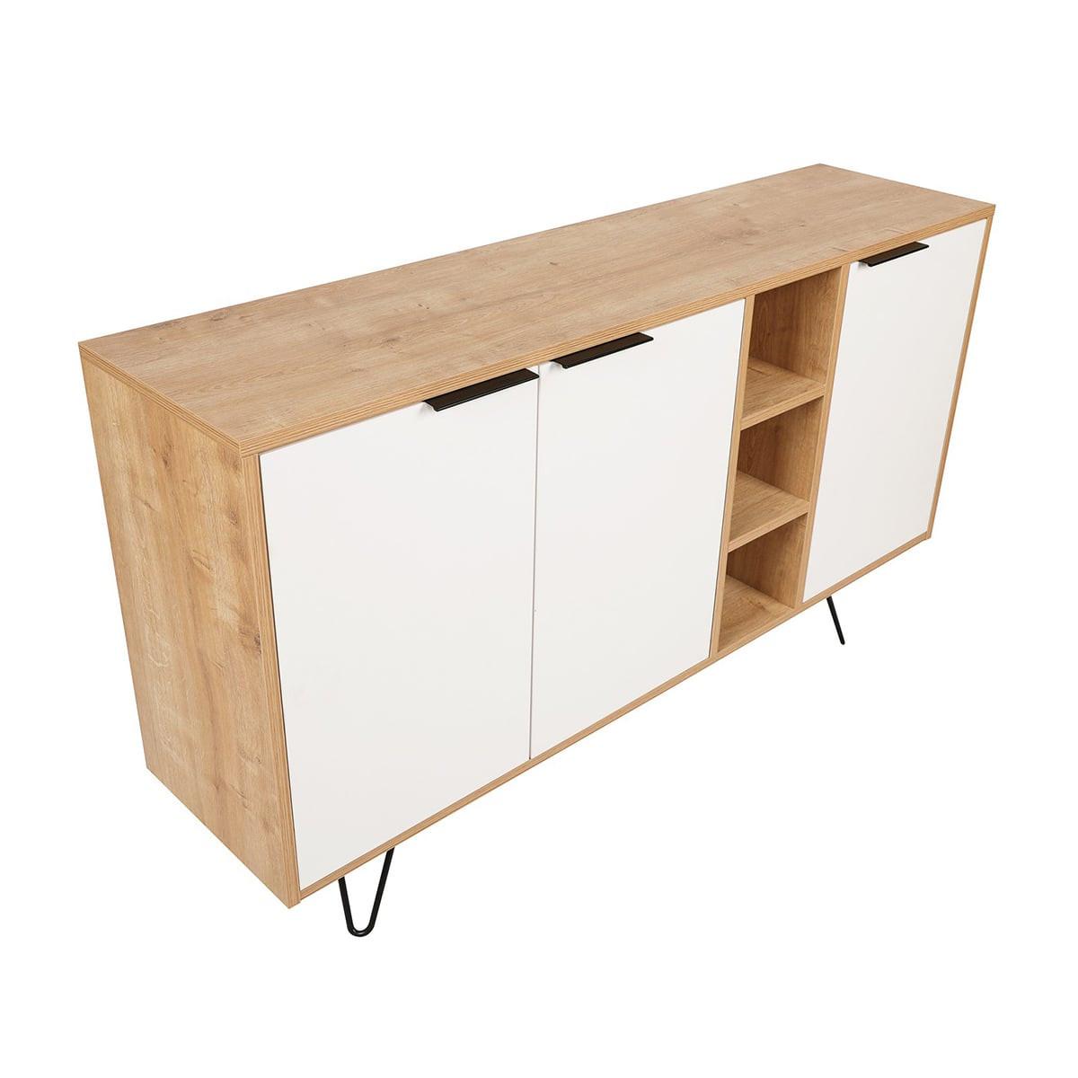 SIDEBOARD 3 Nischen und 3 Türen L142 cm - Clara - Eichefarben/Weiß, Holzwerkstoff (35.6/83/15cm) - Calicosy