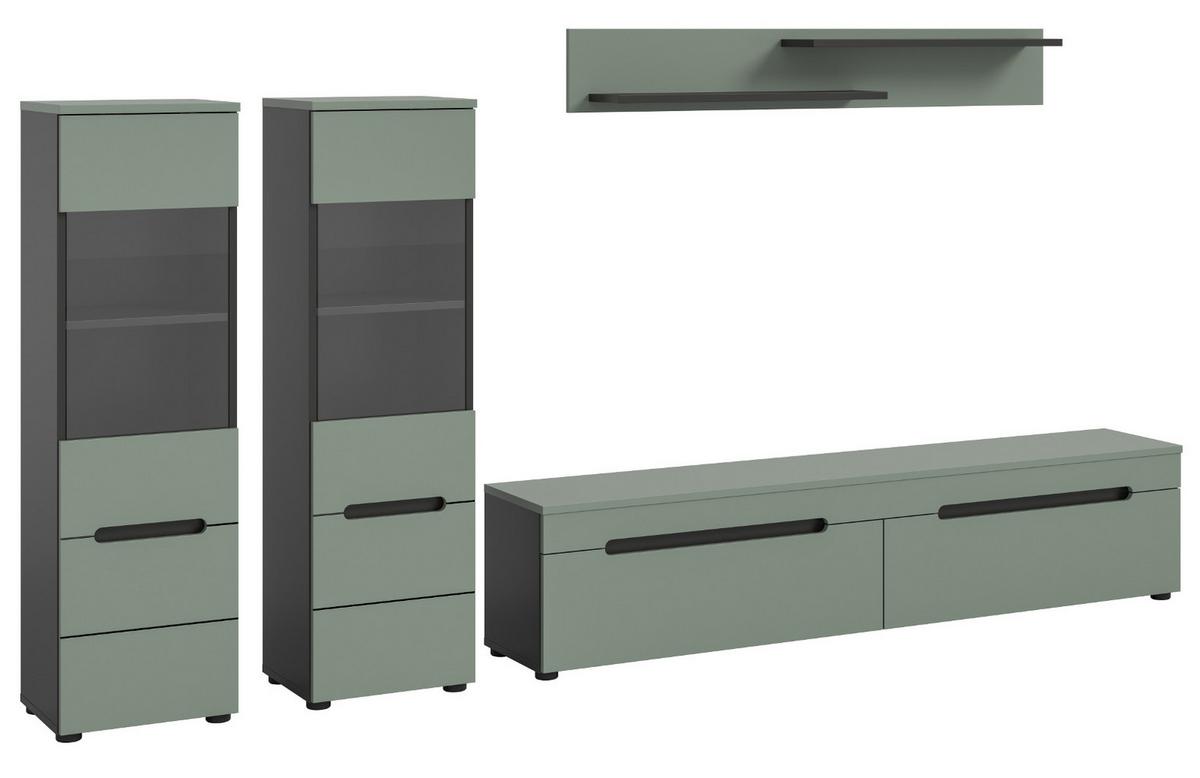 WOHNWAND Salbei Grün und Grau, Schrankwand 270 cm hängend oder stehend, Soft-Close - Salbeigrün/Schwarz, Glas/Holzwerkstoff (272/141/33cm) - Inn.Furn