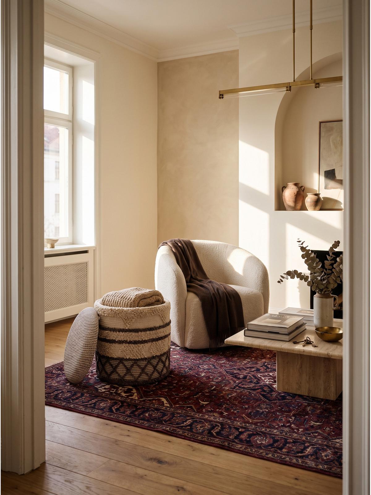 SITZHOCKER RHONE, Stoff, mit Textilbezug, mit Rauten, Beige-Braun, Ø 40 x 45 cm - Beige, Textil (40/45/40cm) - KADIMA DESIGN