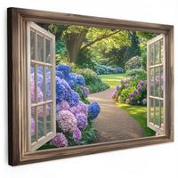 LEINWANDBILD Aussicht - Garten - Fenster - Hortensie - Blumen Wanddeko 90x60 cm - Pastellblau, Textil (90/60cm) - MuchoWow