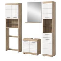 BADMÖBEL-SET weiß Hochglanz, Eiche 4-teilig 190 cm, Komplettset mit viel Stauraum - Weiß Hochglanz/Eichefarben, Glas/Holzwerkstoff (190/191/34cm) - Inn.Furn