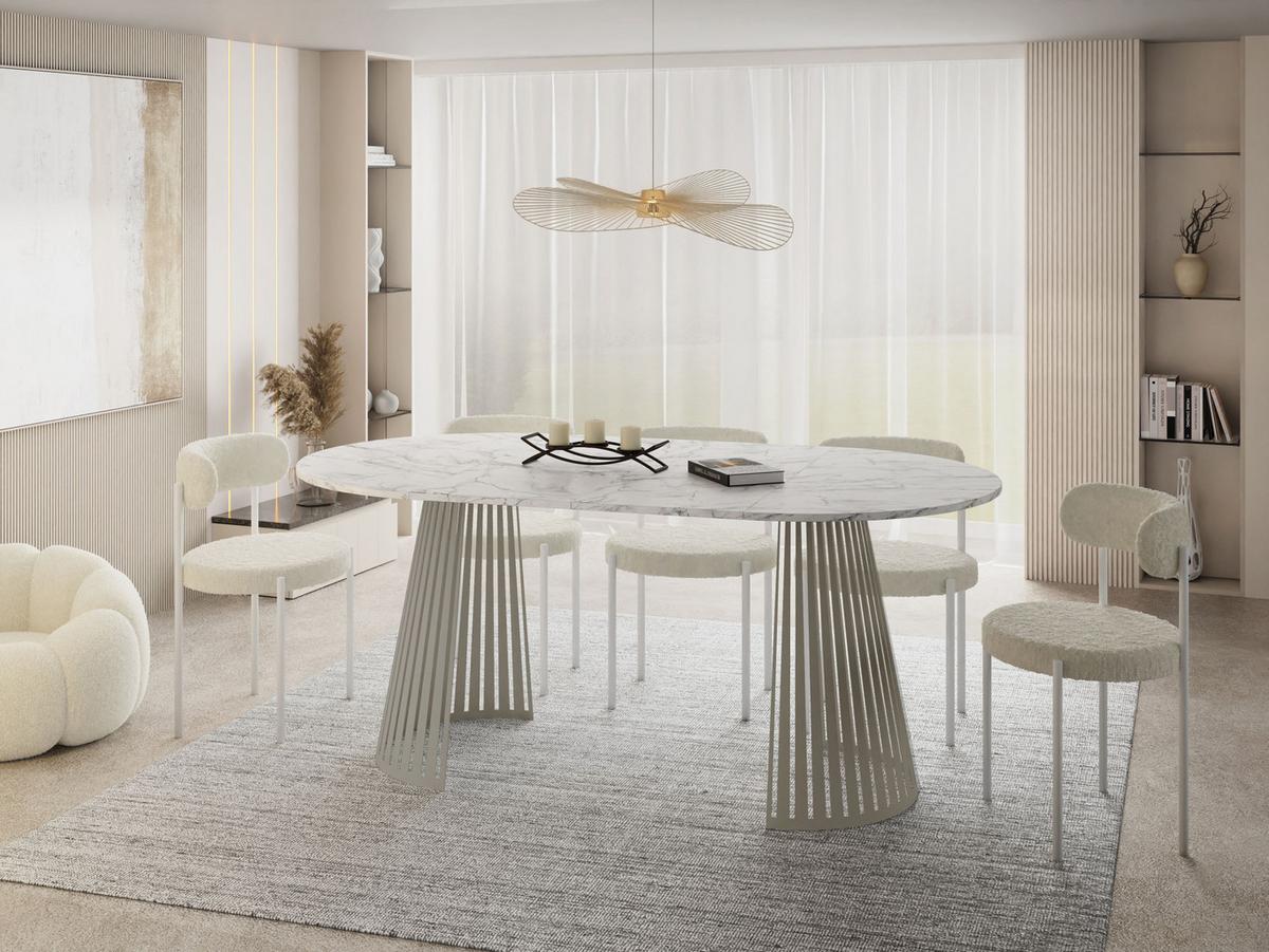 ESSTISCH Naro rund ausziehbar mit Lamellen-Metallgestell in Grau-Beige, Marmor Weiß 120-200/120/76 cm - Ecru/Kaschmir, Holzwerkstoff/Metall (120/196/76cm) - WFL GROUP