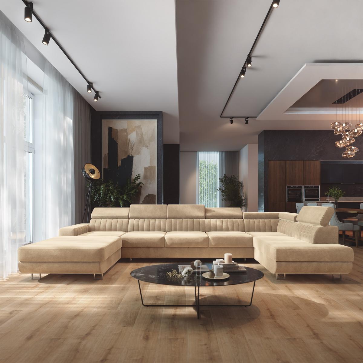 WOHNLANDSCHAFT GAIAN Creme Velours-Stoff mit Schlaffunktion - Creme, Holz (412/88/190cm) - MASSENO