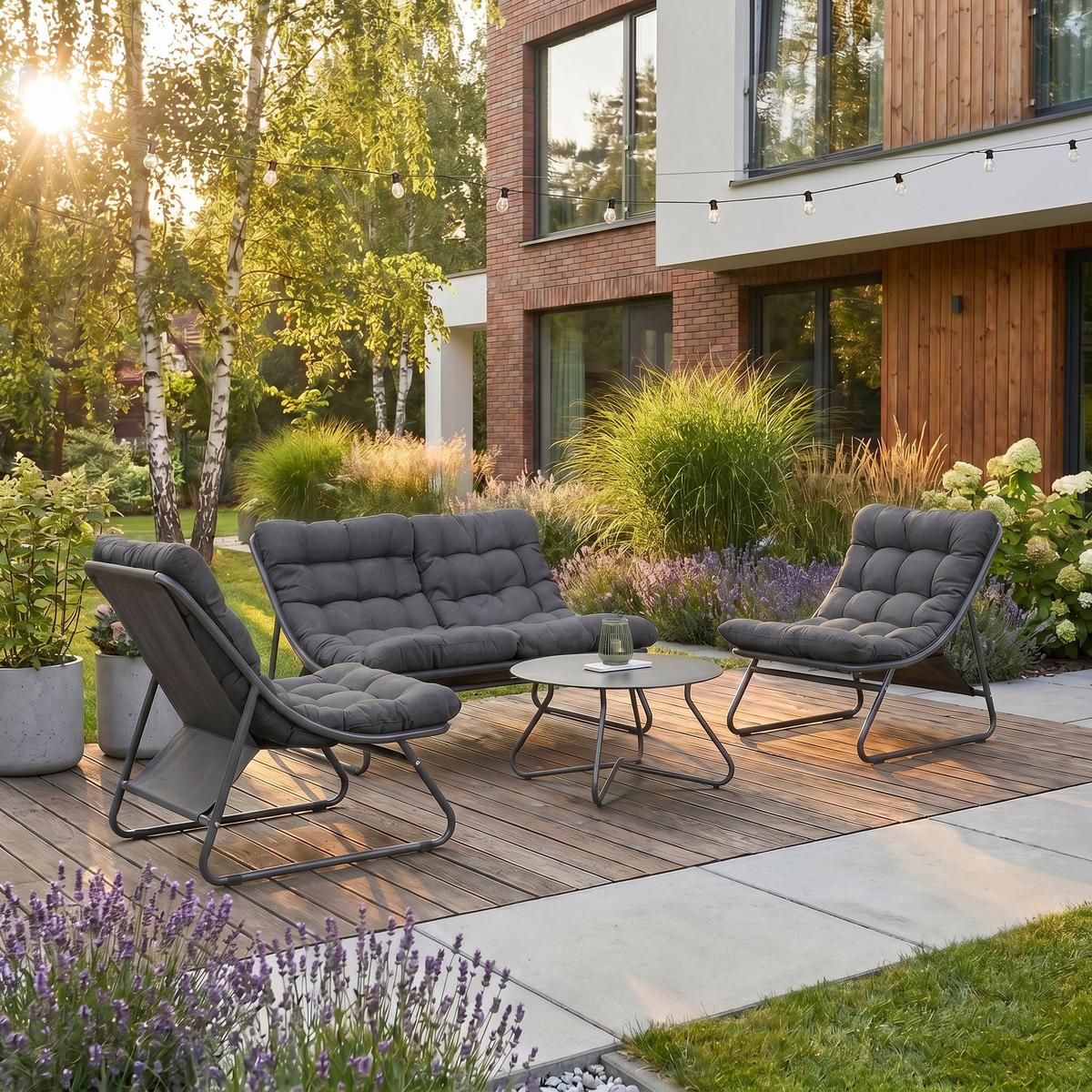 GARTENSET Solaro , aus Metall, 2 Sessel + 2-Sitzer Sofa + Couchtisch, Dunkelgrau - Dunkelgrau, Metall - Beautysofa