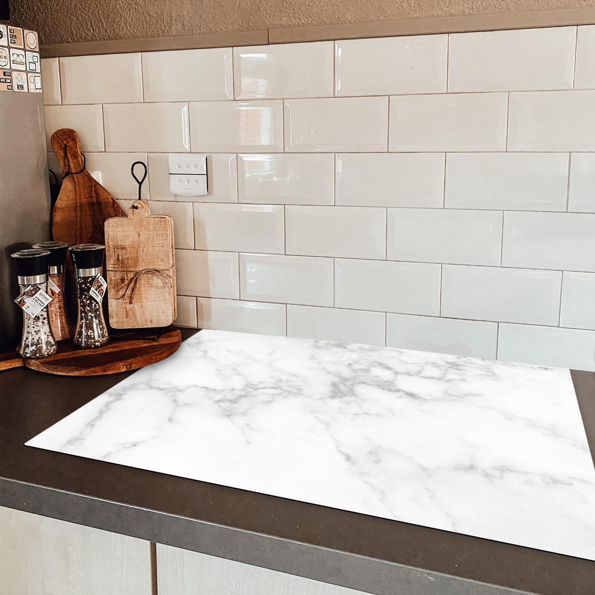 HERDABDECKPLATTE Marmor - Grau - Weiß - Strukturierter Marmor Induktionsschutz 80x52.2 cm - Weiß, Kunststoff (80.2/52.2/0.2cm) - MuchoWow
