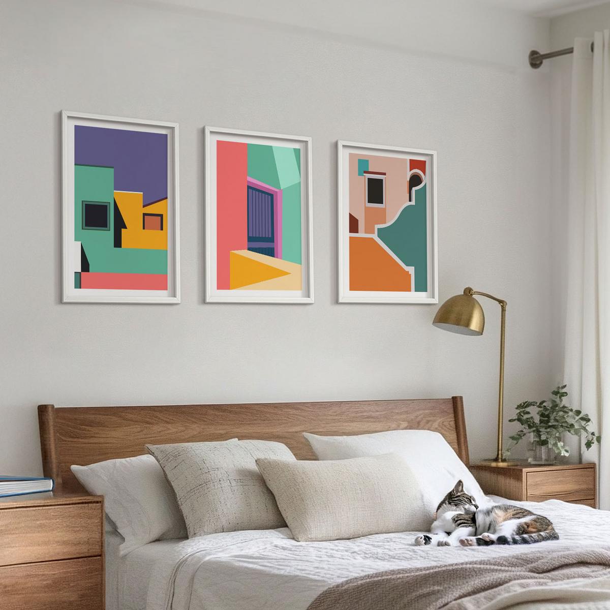 BILDER SET 3er Set - 40x60 cm Weißer Rahmen - Farbenfrohe Illustrationen der Stadt - Weiß, Kunststoff (40/60cm) - TULUP