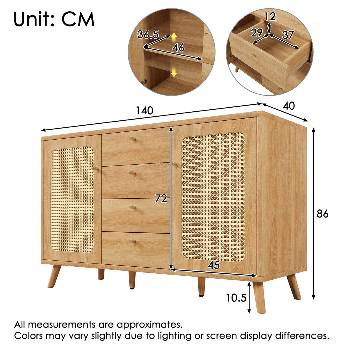 SIDEBOARD 140 cm in Rattan-Optik mit 4 Schubladen - Sonoma Eiche, Holzwerkstoff (140/86/40cm) - Urban Meuble