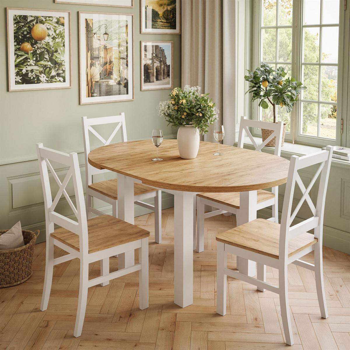 ESSZIMMERSET OLEA Tisch + 4 Stühle - Eichefarben/Weiß, Holzwerkstoff (140/77/100cm) - Lookway