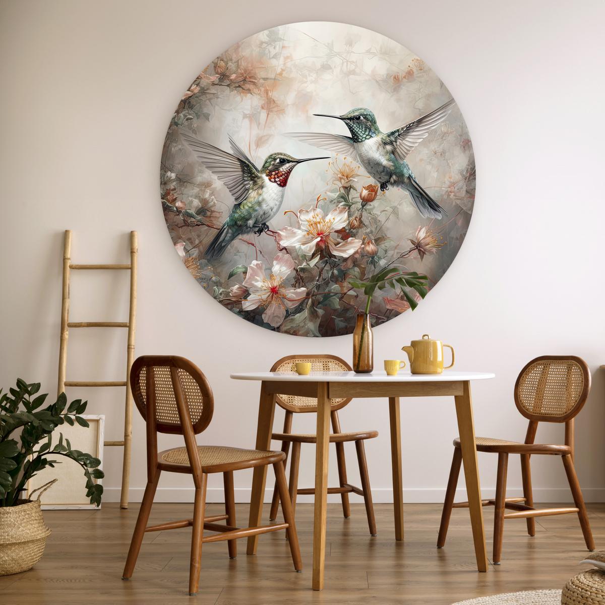 WANDBILD Kolibri - Vögel - Blumen - Pflanzen Deko Groß 150x150 cm - Hellgrün, Kunststoff (150/150cm) - MuchoWow