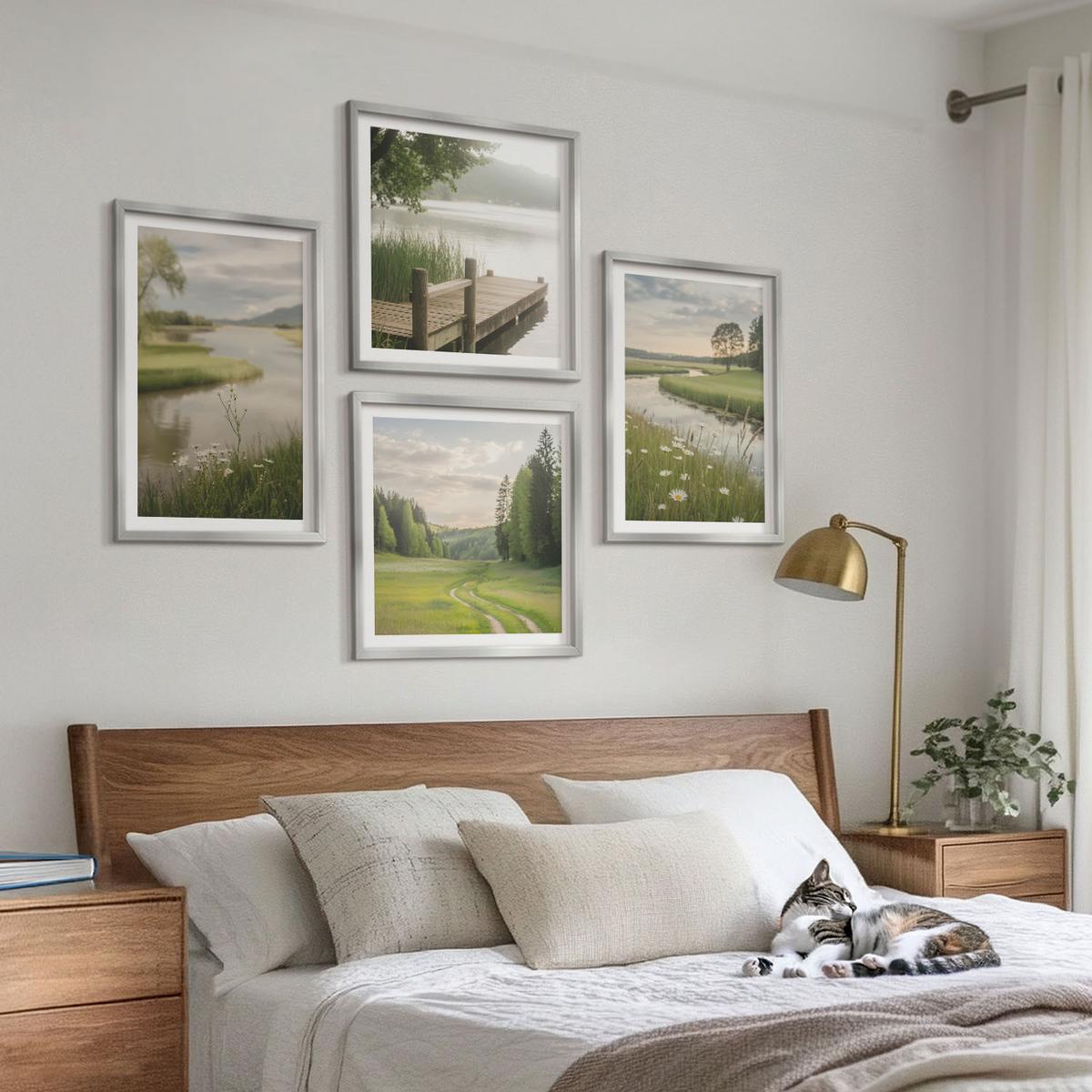 BILDER SET 4er Set - 50x50 cm & 40x60 cm Silberner Rahmen - Sommerlandschaften Flusswiese - Silberfarben, Kunststoff (50/50cm) - TULUP