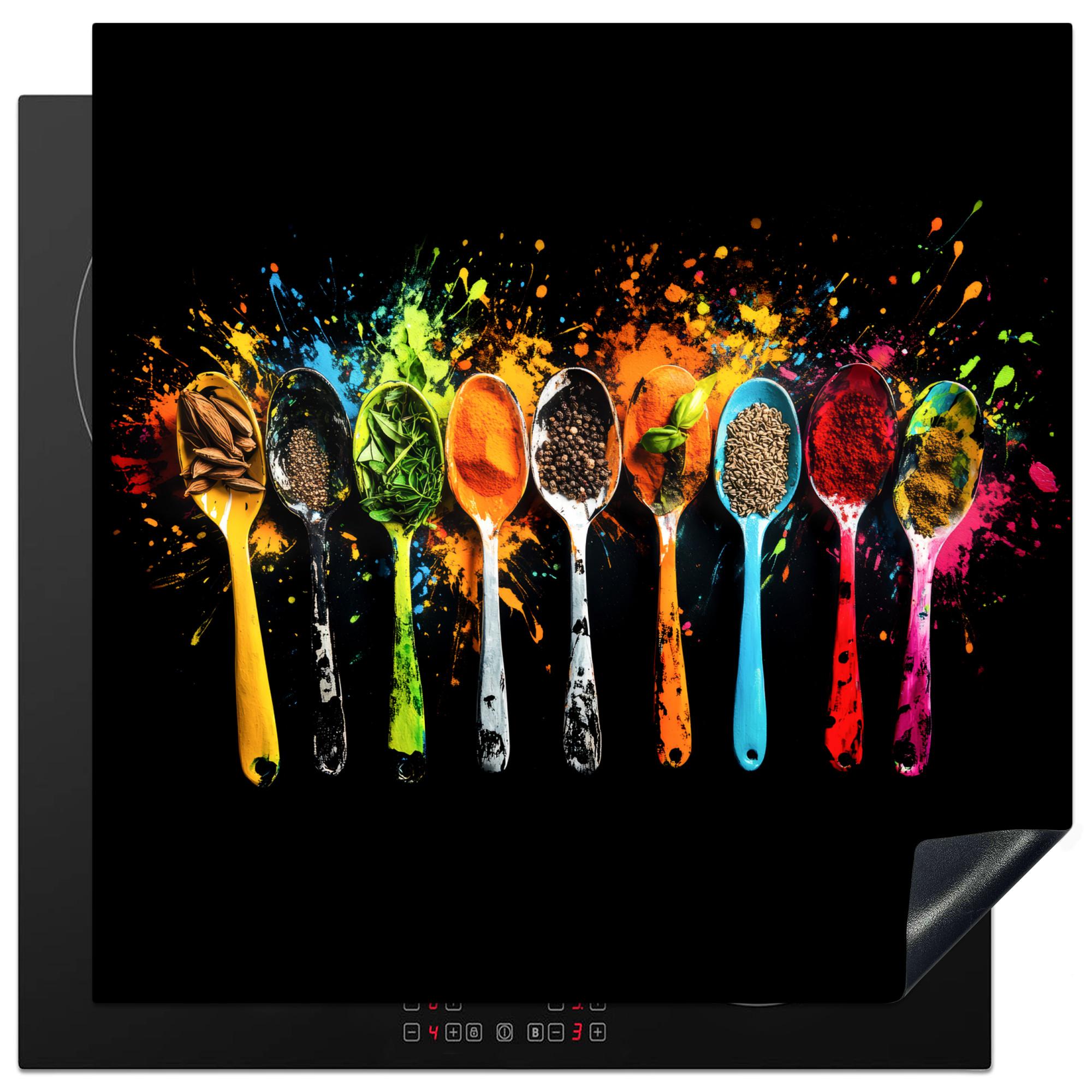 HERDABDECKPLATTE Löffel - Gewürze - Modern - Graffiti - Farbe - Farbenfroh Induktionsmatte 78x78 cm - Multicolor, Kunststoff (78/78/0.2cm) - MuchoWow