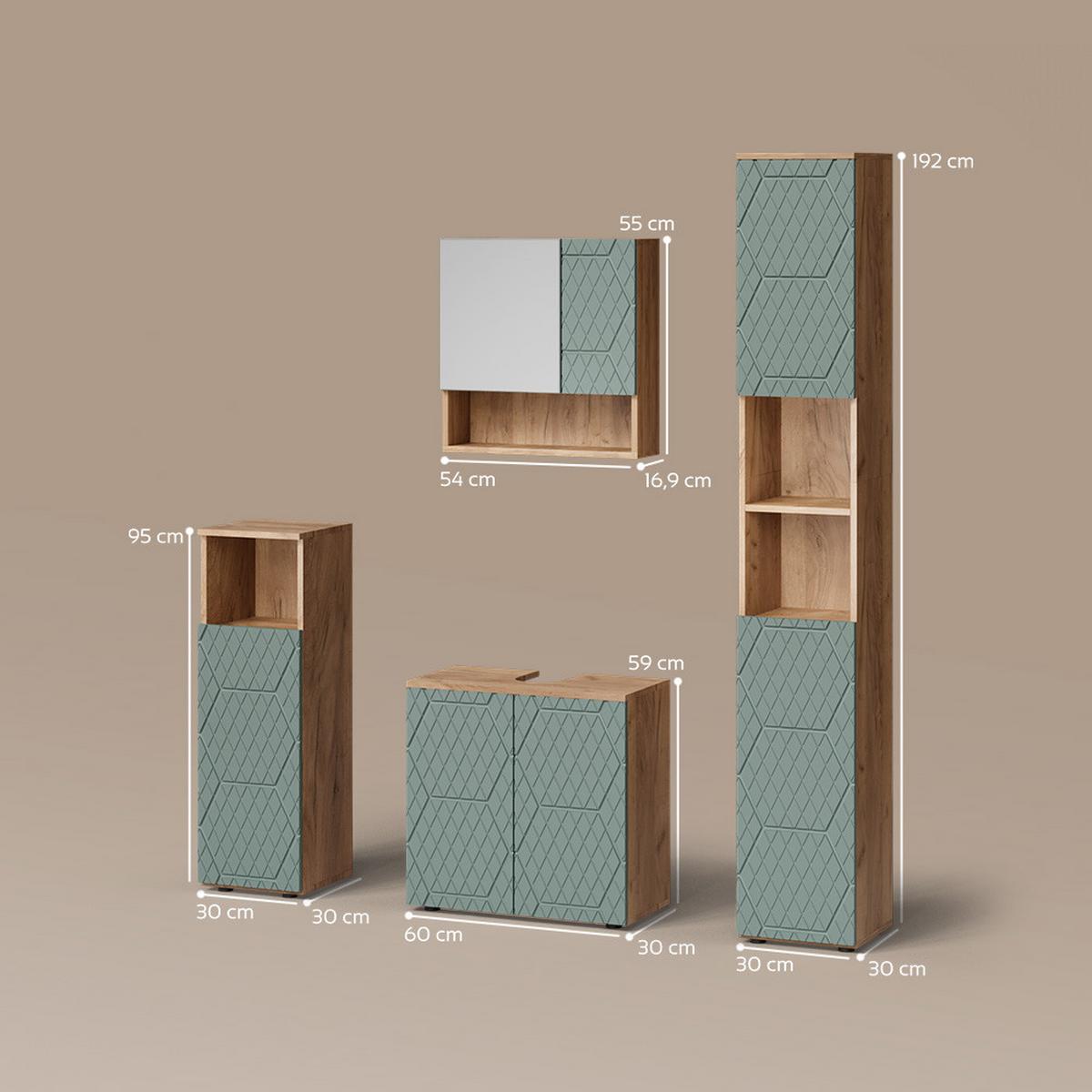 BADMÖBEL-SET Ronco Grün/Goldkraft Eiche 4 Teile, mit Hochschrank - Honigeiche/Grün, Holzwerkstoff (60/59/30cm) - Livinity®