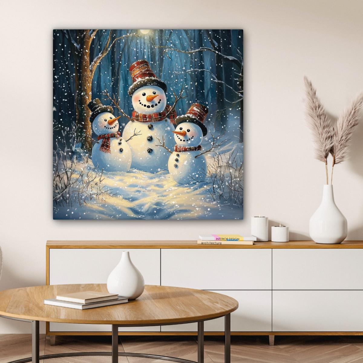 LEINWANDBILD Schneemann - Schnee - Winter - Wald Deko Groß 90x90 cm - Hellblau, Textil (90/90cm) - MuchoWow