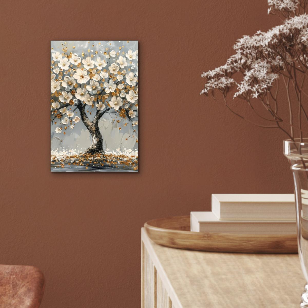 METALLBILD Baum - Blumen - Weiß - Natur - Kunst 20x30 cm - Weiß, Metall (20/30cm) - MuchoWow
