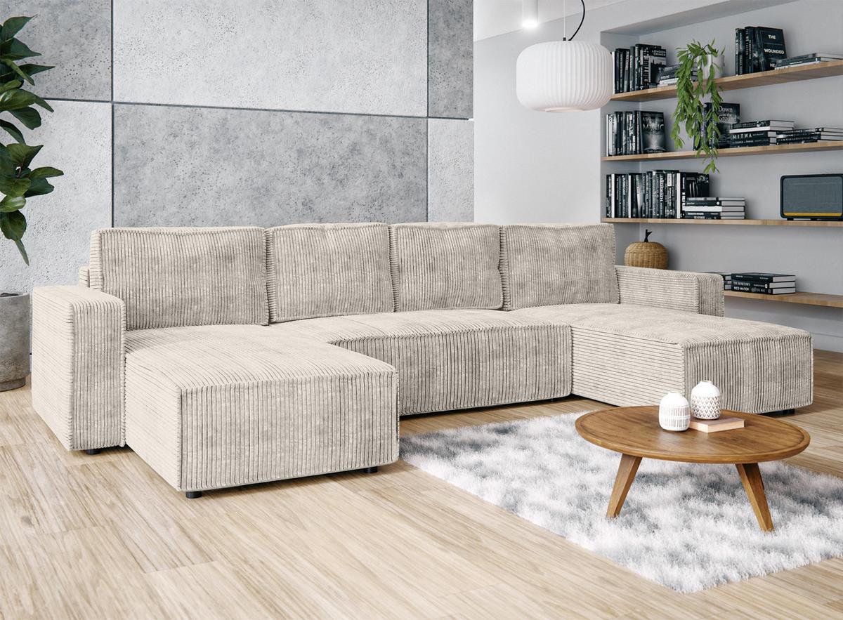 WOHNLANDSCHAFT Aydin U Form Creme 338/169/85 cm Cord mit Schlaffunktion - Creme/Schwarz, Kunststoff/Textil (338/85/169cm) - AX Living