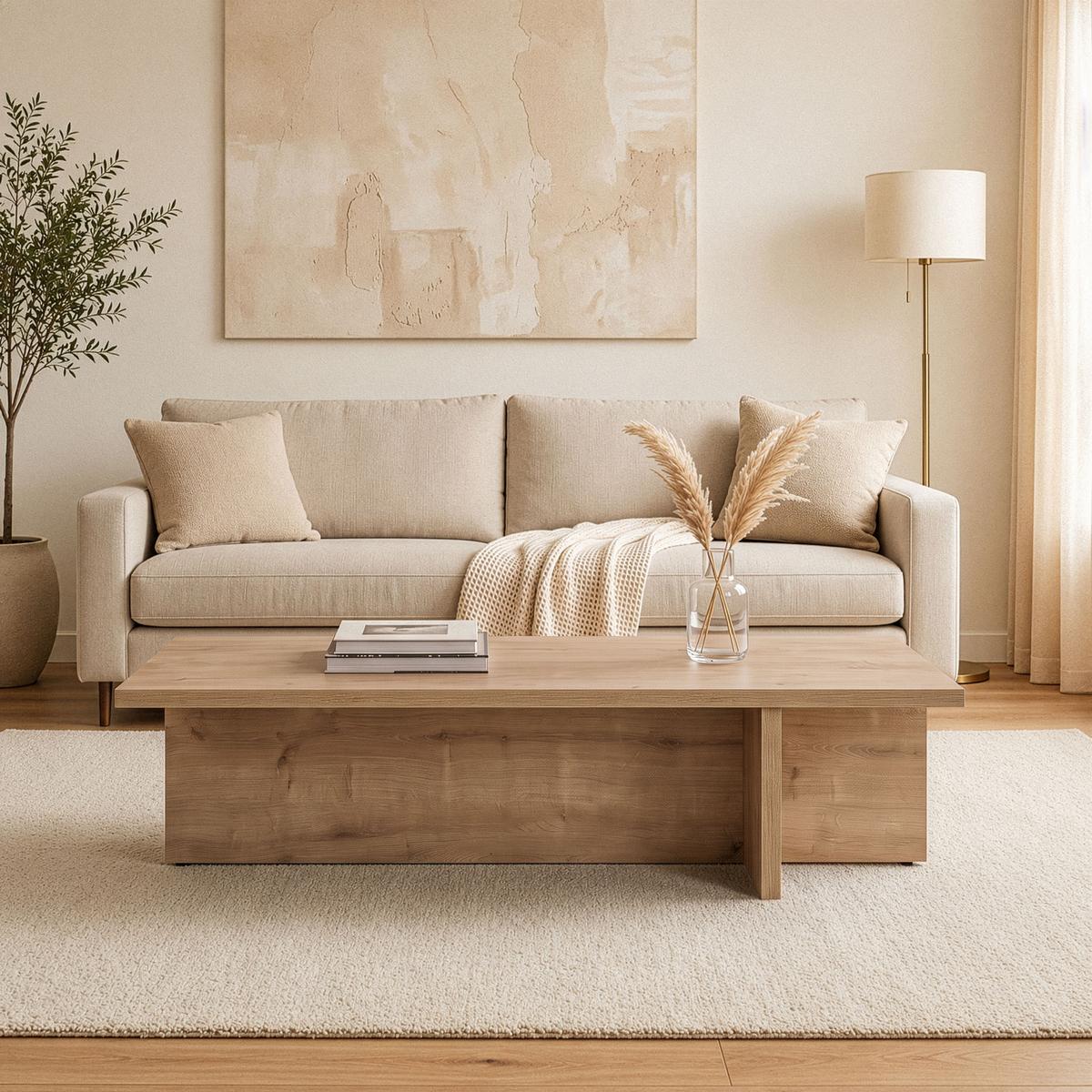 COUCHTISCH mit rechteckiger Platte und asymmetrischem Fuß L120 cm - HARBOR - Eichefarben, Holzwerkstoff (120/45/30cm) - Calicosy