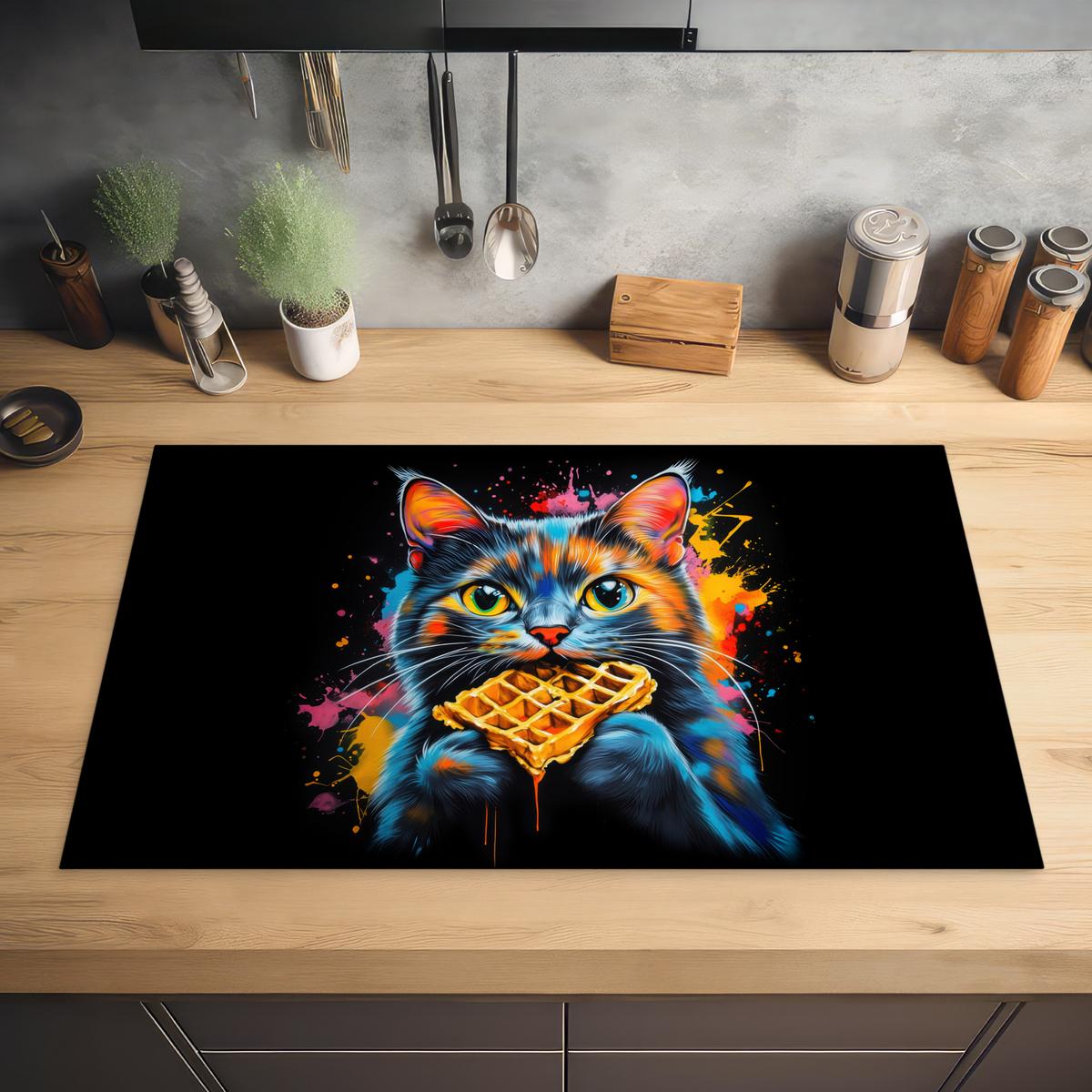 HERDABDECKPLATTE Katze - Graffiti - Bunt - Waffel - Essen Induktionsmatte 83x51 cm - Multicolor, Kunststoff (83/51.5/0.2cm) - MuchoWow