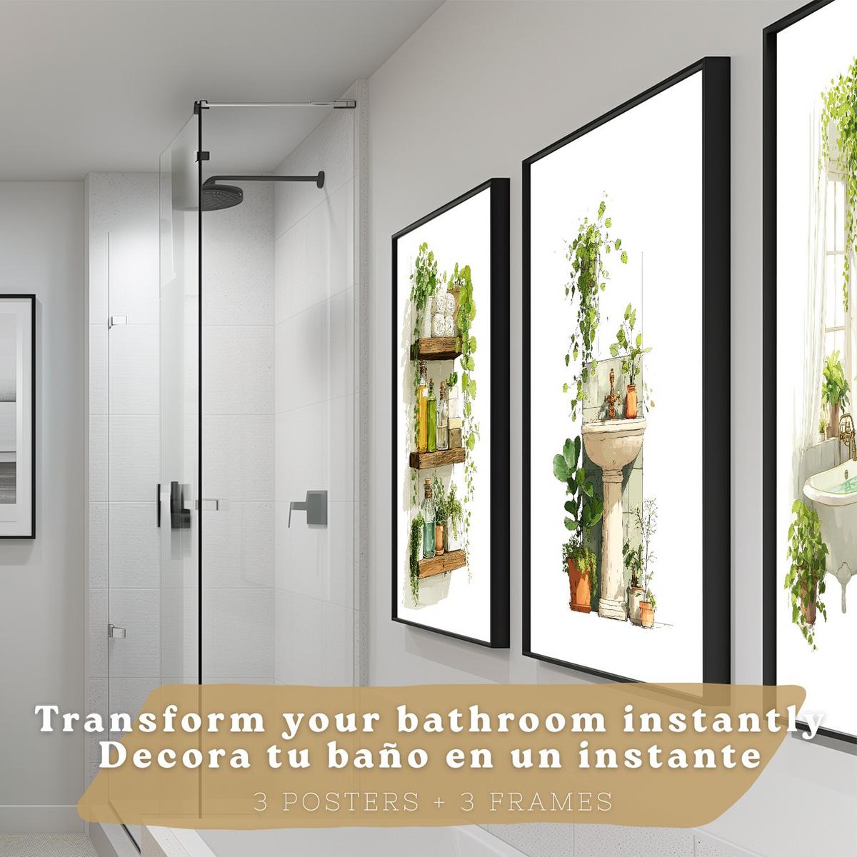 POSTER 3er-Set dekorative Badezimmerbilder, Wanddeko, im botanischen Stil, für Toilette, grüne Pflanzen Schwarzer Rahmen A4 - Schwarz, Papier (29.7/21/3cm) - Nacnic