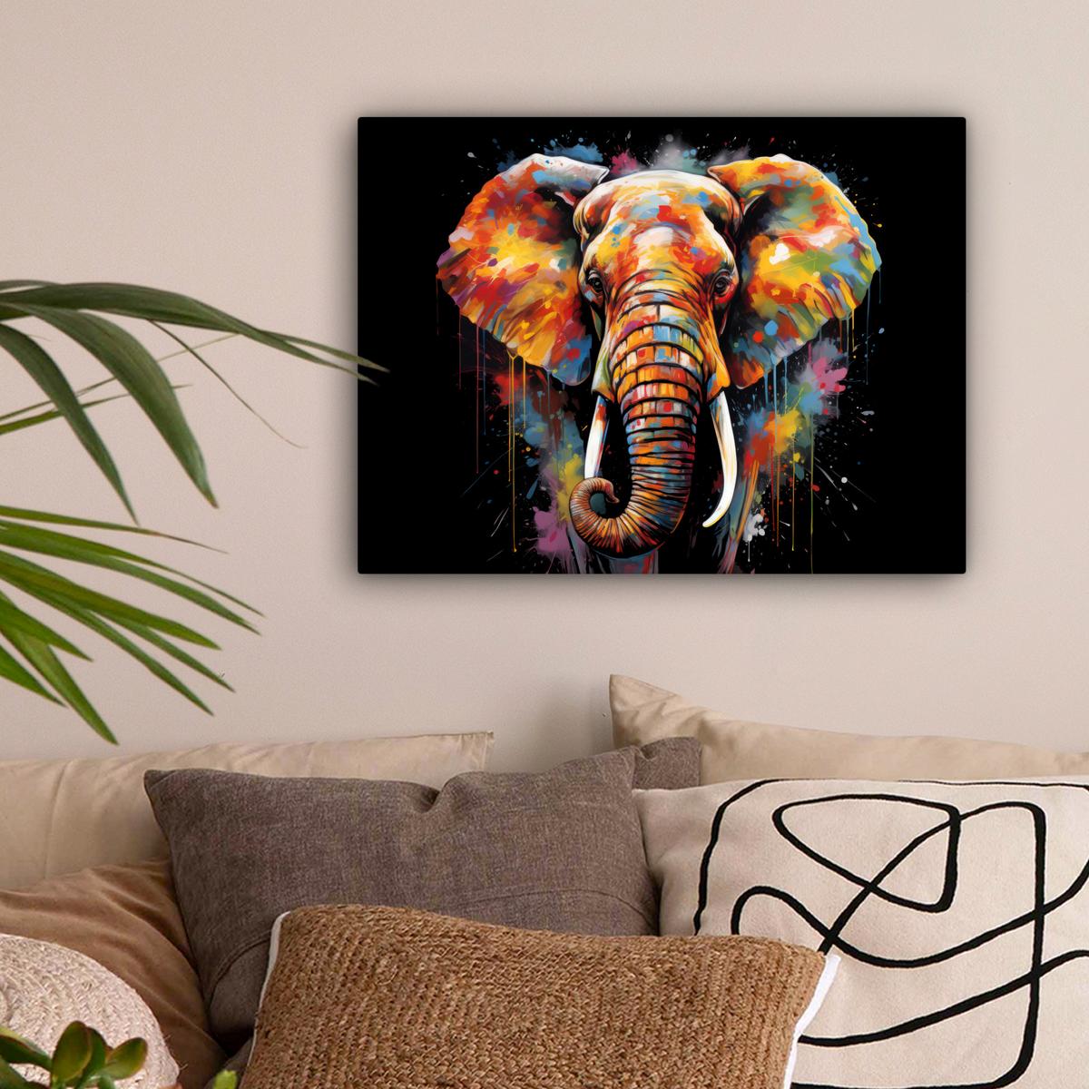 LEINWANDBILD Elefant - Graffiti - Schwarz - Tiere - Farben Wandbild 40x30 cm - Schwarz, Textil (40/30cm) - MuchoWow