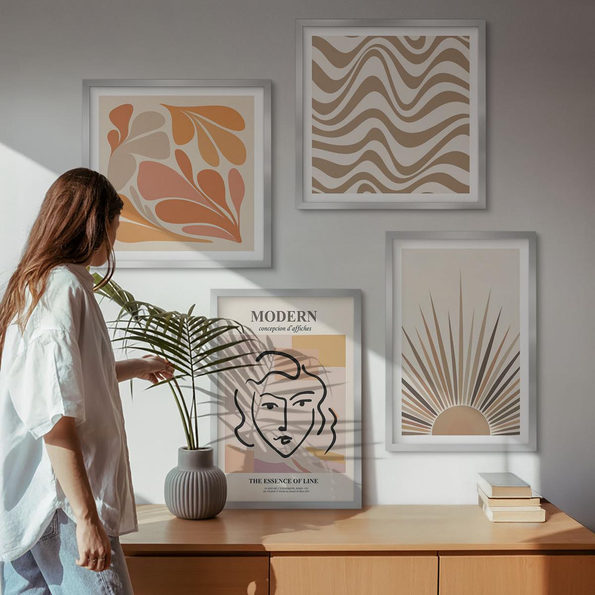 BILDER SET 4er Set - 50x50 cm & 40x60 cm Silberner Rahmen - Sonnen-Boho-Pastelltönen - Silberfarben, Kunststoff (50/50cm) - TULUP