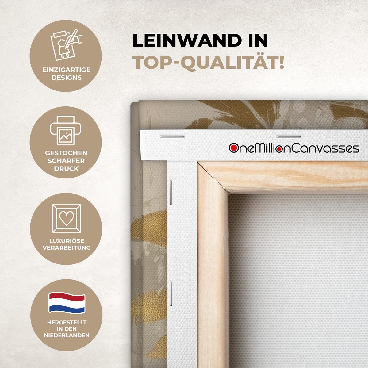 LEINWANDBILD Gesicht - Frau - Blätter - Gold Wandbild Wohnzimmer 60x80 cm - Beige, Textil (60/80cm) - MuchoWow