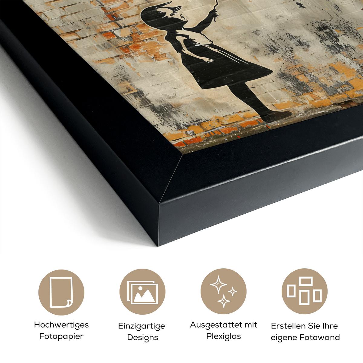 POSTER MIT RAHMENGERAHMTES BILD Graffiti - Banksy - Mädchen - Straßenkunst 30x20 cm - Sandfarben, Papier (30/20cm) - MuchoWow