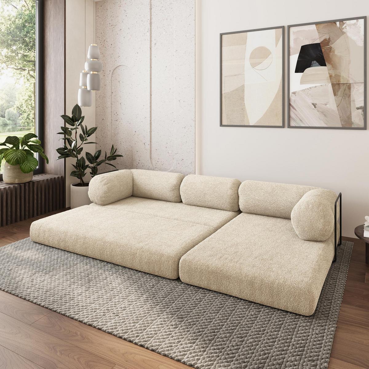 ECKSOFA KELI modulares Boneless Sofa mit Schlaffunktion Creme Boucle-Stoff - Creme, Textil (270/160cm) - MASSENO