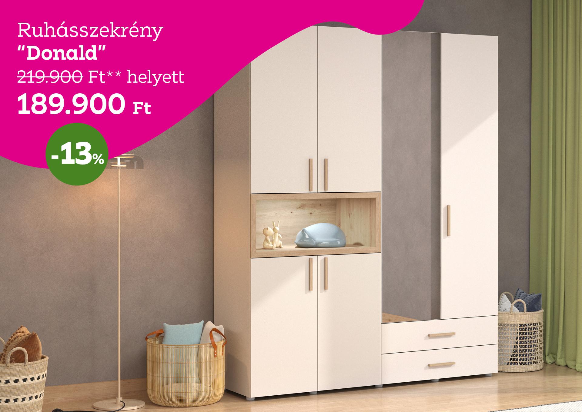 Ruhásszekrény DONALD 219900 Forint helyett 189900 Forint, kedvezmény mértéke 13%