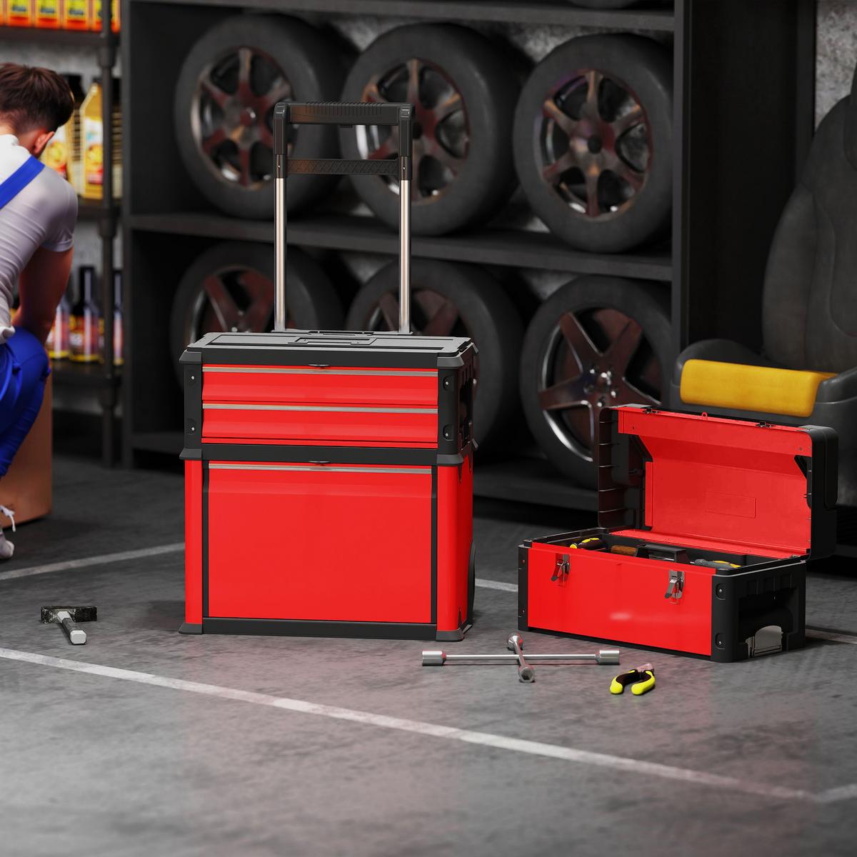 WERKSTATTWAGEN inkl. Koffer Werkzeugwagen leer mit 3 modularen Einheiten - Rot, Metall (32/72/52cm) - HOMCOM