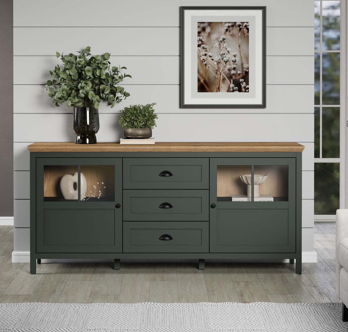 SIDEBOARD grün, Evoke Eiche Landhaus 185 x 86 cm, Kommode inklusive LED Beleuchtung - Eichefarben/Schwarz, Glas/Holzwerkstoff (185/86/45cm) - Top.Furn