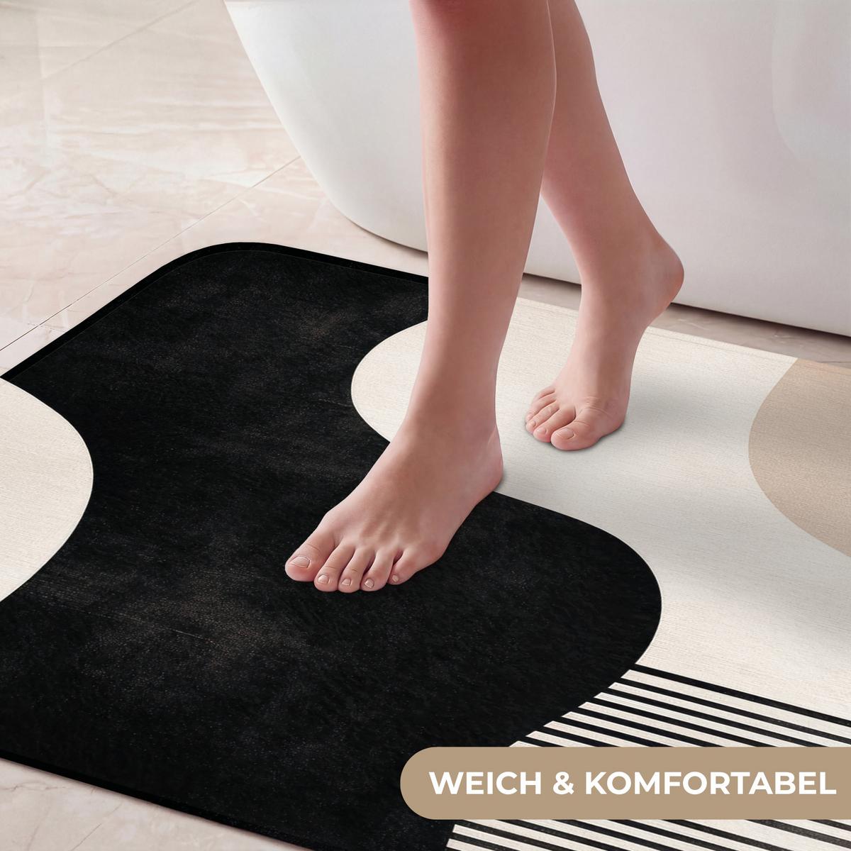 BADEMATTE Abstrakt - Japandi - Beige - Modern 90x60 cm - Beige/Schwarz, Textil (90/60cm) - OnlyWow